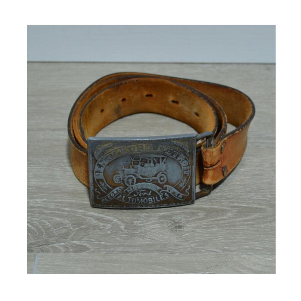 Henry Ford Vintage Brass Model T Belt Buckle with Embossed Leather Belt